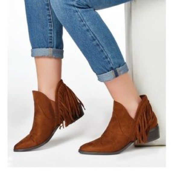 JustFab Brown Suede Fringe Trim Boho Ankle Booties - Picture 2 of 7
